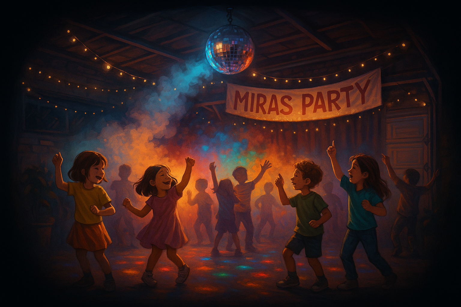 Kinder feiern unter einer Discokugel bei Miras Party